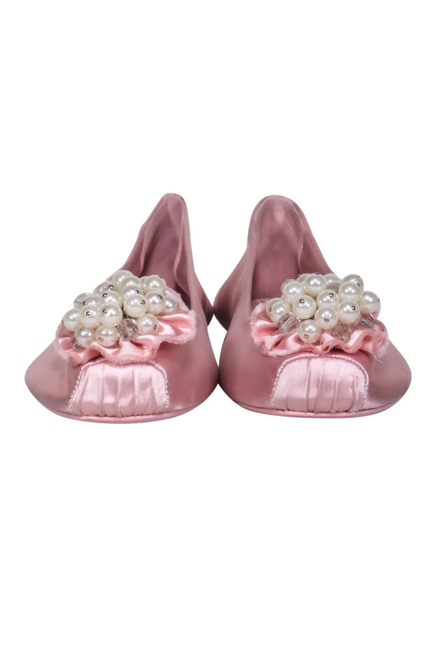 Current Boutique-Kate Spade - Baby Pink Satin Ballet Flats w/ Ruffled, Faux Pearl & Crystal Embellishments Sz 9.5