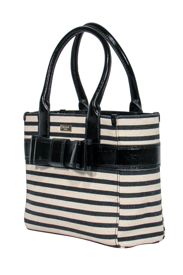 Current Boutique-Kate Spade - Beige & Black Striped Tote w/ Patent Leather Bow & Trim