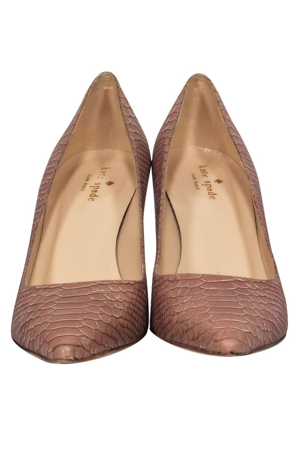 Current Boutique-Kate Spade - Beige & Gold Reptile Embossed Pointed Toe Pumps Sz 9.5