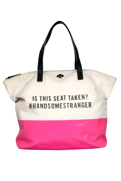 Current Boutique-Kate Spade - Beige & Hot Pink Canvas “Is This Seat Taken?” Graphic Tote