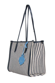 Current Boutique-Kate Spade - Beige & Navy Striped Canvas Structured Tote w/ Leather Trim