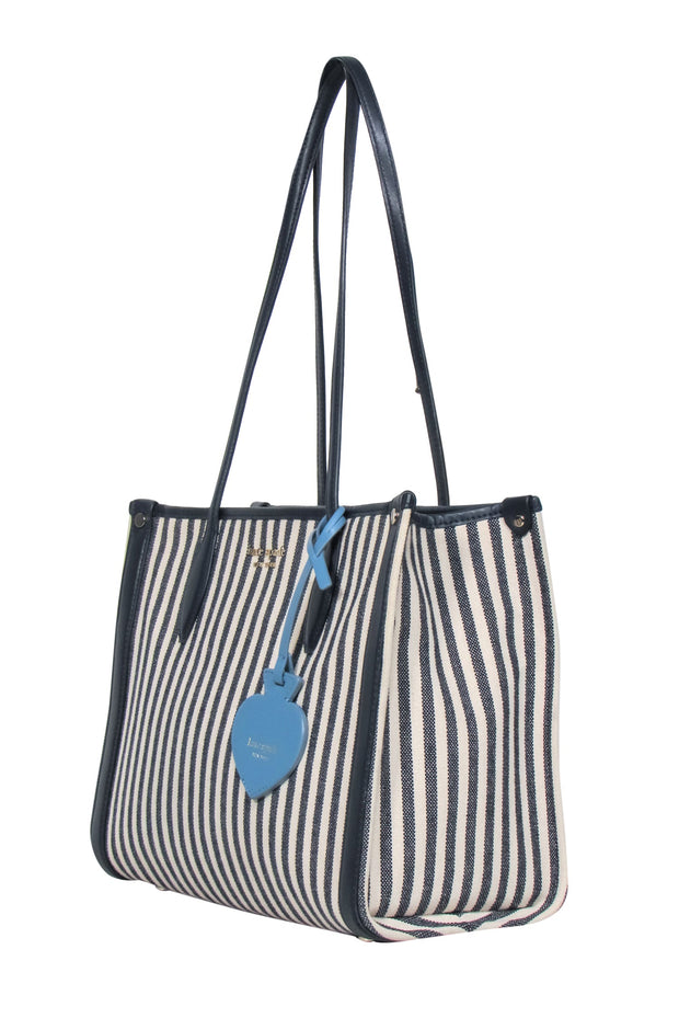 Kate Spade - Beige & Navy Striped Canvas Structured Tote w/ Leather Tr –  Current Boutique