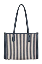 Current Boutique-Kate Spade - Beige & Navy Striped Canvas Structured Tote w/ Leather Trim