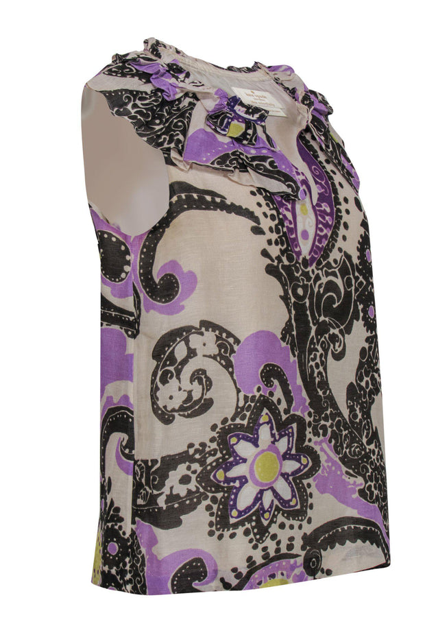 Current Boutique-Kate Spade - Beige & Purple Patterned Ruffle Top Sz 6
