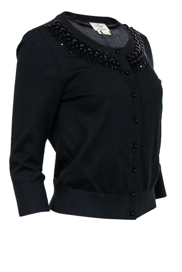 Current Boutique-Kate Spade - Black Button-Up Cotton Cardigan w/ Beaded Neckline Sz M
