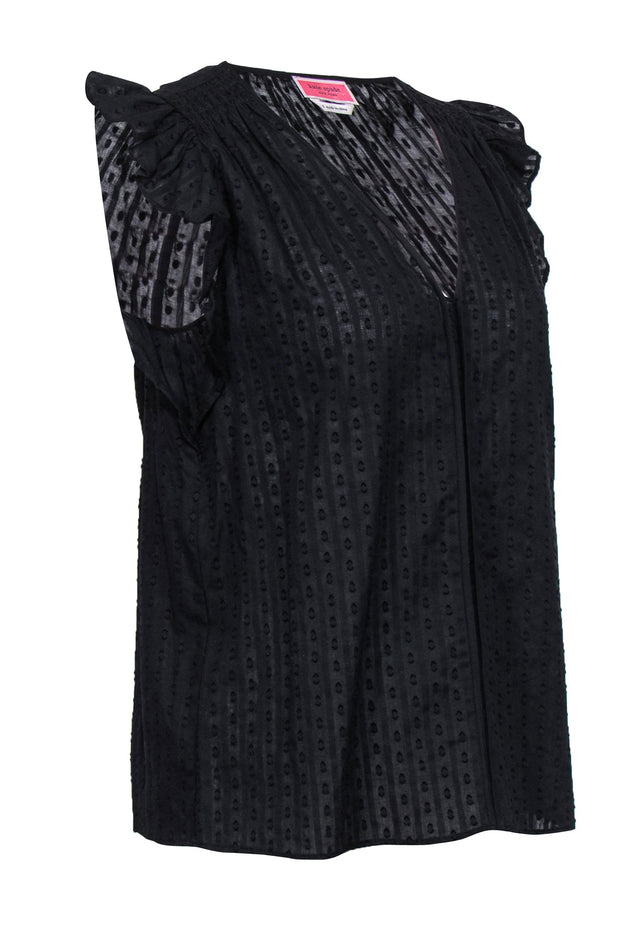 Current Boutique-Kate Spade - Black Cotton Ruffle Sleeve Textured Blouse Sz S