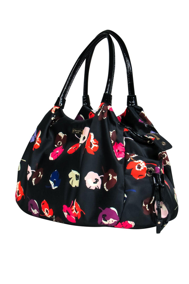 Kate Spade - Black Floral Nylon Stevie Baby Tote Bag – Current Boutique