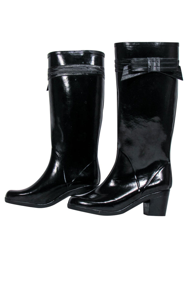 Current Boutique-Kate Spade - Black Knee High Rain Boots w/ Bows Sz 7