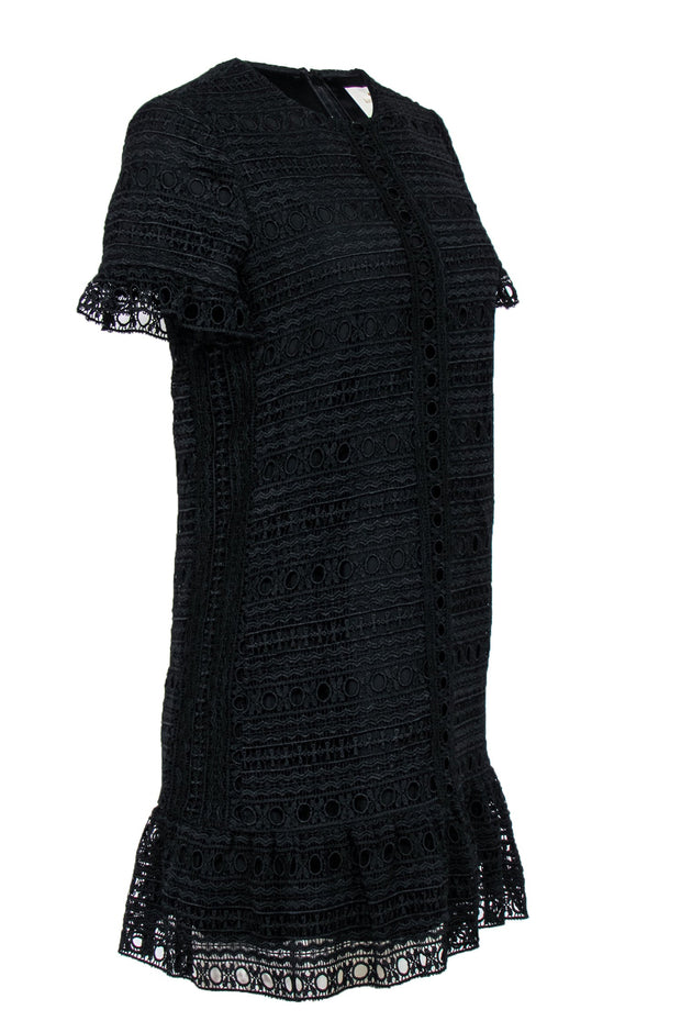 Current Boutique-Kate Spade - Black Lace Short Sleeve Shift Dress w/ Flounce Hem Sz S