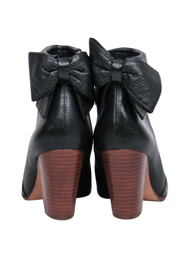 Current Boutique-Kate Spade - Black Leather Block Heeled Booties w/ Bows Sz 6