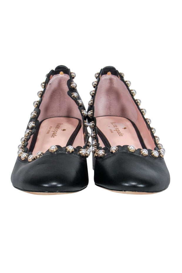 Current Boutique-Kate Spade - Black Leather Pumps w/ Pearls & Scalloped Edge Sz 10