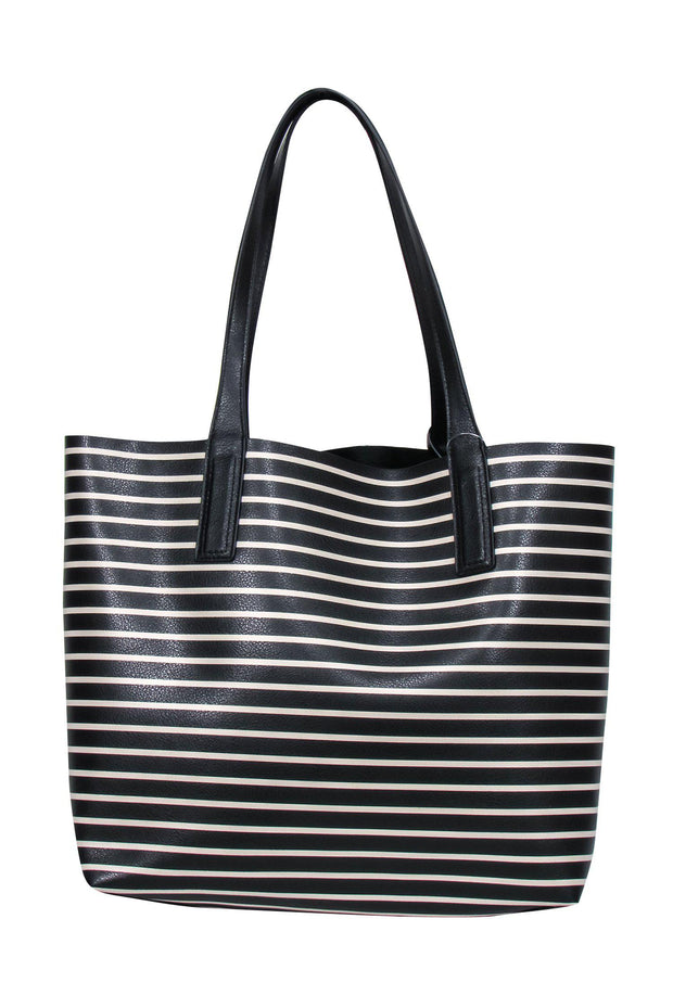 Current Boutique-Kate Spade - Black Leather & Striped Tote w/ Zipper Pouch