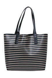 Current Boutique-Kate Spade - Black Leather & Striped Tote w/ Zipper Pouch