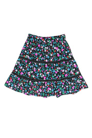Current Boutique-Kate Spade - Black Multi-Colored Floral Silk Tired Mini Skirt w/ Eyelet Trim Sz 00