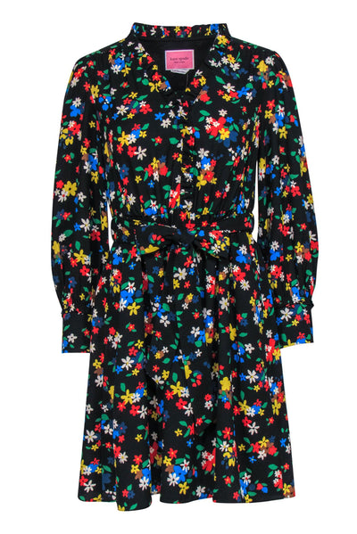 Current Boutique-Kate Spade - Black Multicolor Floral Print Long Sleeve Dress w/ Belt Sz 4
