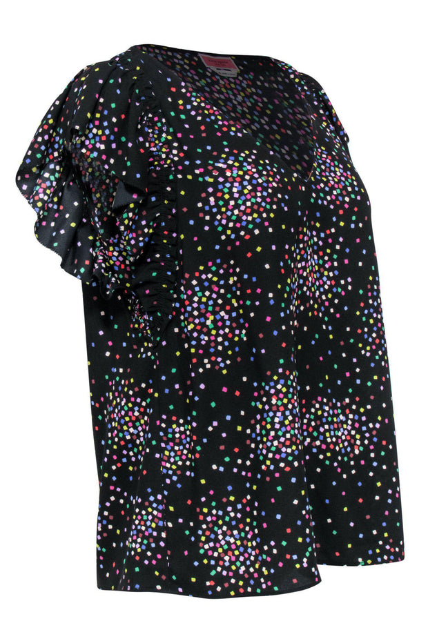 Current Boutique-Kate Spade - Black & Multicolored Speckled Short Sleeve Ruffle Blouse Sz M