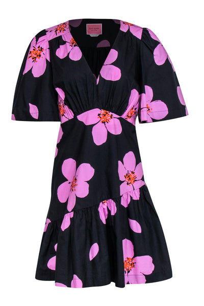 Current Boutique-Kate Spade - Black & Orchid Floral Babydoll Cotton Dress w/ Ruffle Sz 6