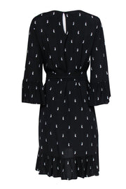 Current Boutique-Kate Spade - Black Penguin Print Shift Dress w/ Tie Waist & Bell Sleeves Sz M