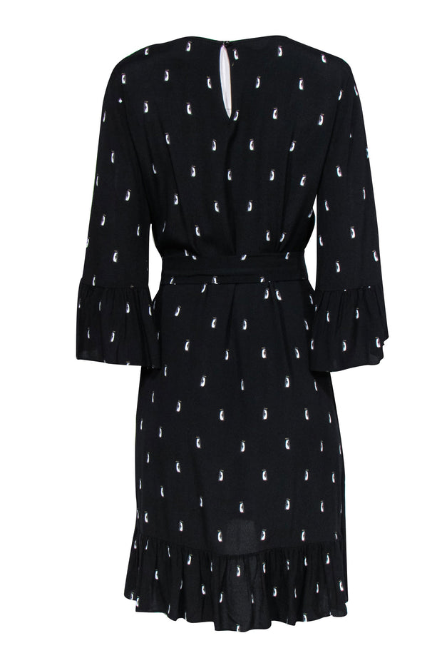 Current Boutique-Kate Spade - Black Penguin Print Shift Dress w/ Tie Waist & Bell Sleeves Sz M