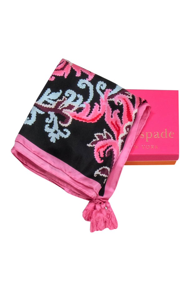 Current Boutique-Kate Spade - Black, Pink & Blue Printed Silk Scarf w/ Tassels