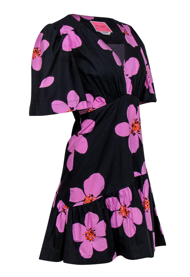Current Boutique-Kate Spade - Black & Pink Floral Print Short Sleeve Fit & Flare Dress w/ Flounce Hem Sz 2