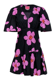 Current Boutique-Kate Spade - Black & Pink Floral Print Short Sleeve Fit & Flare Dress w/ Flounce Hem Sz 2