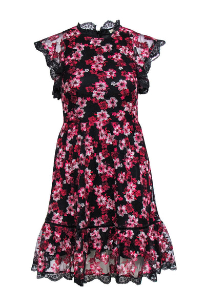 Current Boutique-Kate Spade - Black & Pink Lace Floral Embroidery Fit & Flare Mini Dress Sz 0
