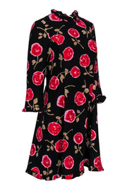 Current Boutique-Kate Spade - Black & Red Rose Print Long Sleeve Ruffle Shift Dress Sz 6