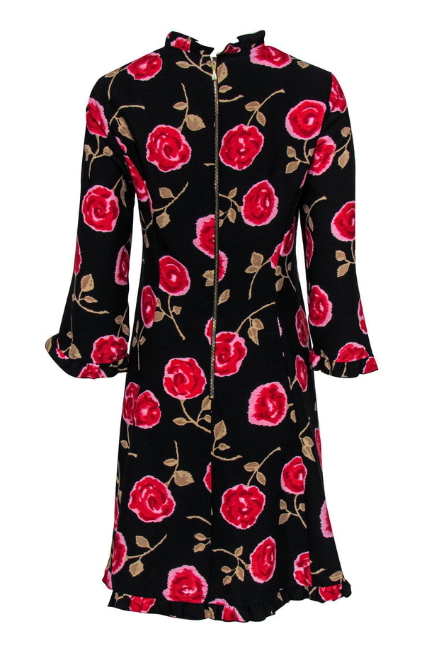 Current Boutique-Kate Spade - Black & Red Rose Print Long Sleeve Ruffle Shift Dress Sz 6