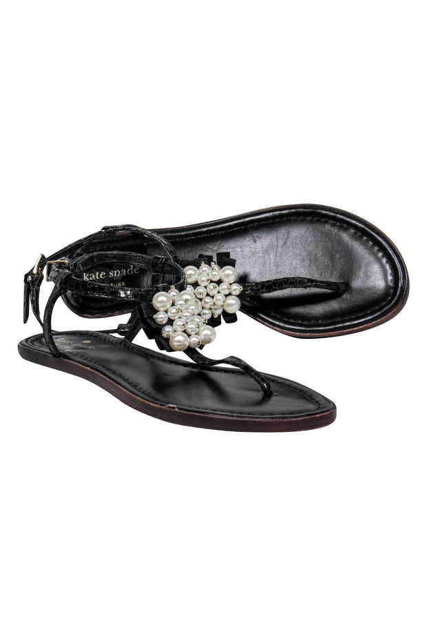 Current Boutique-Kate Spade - Black Reptile Print Thong Sandals w/ Pearl & Bow Embellishment Sz 7.5
