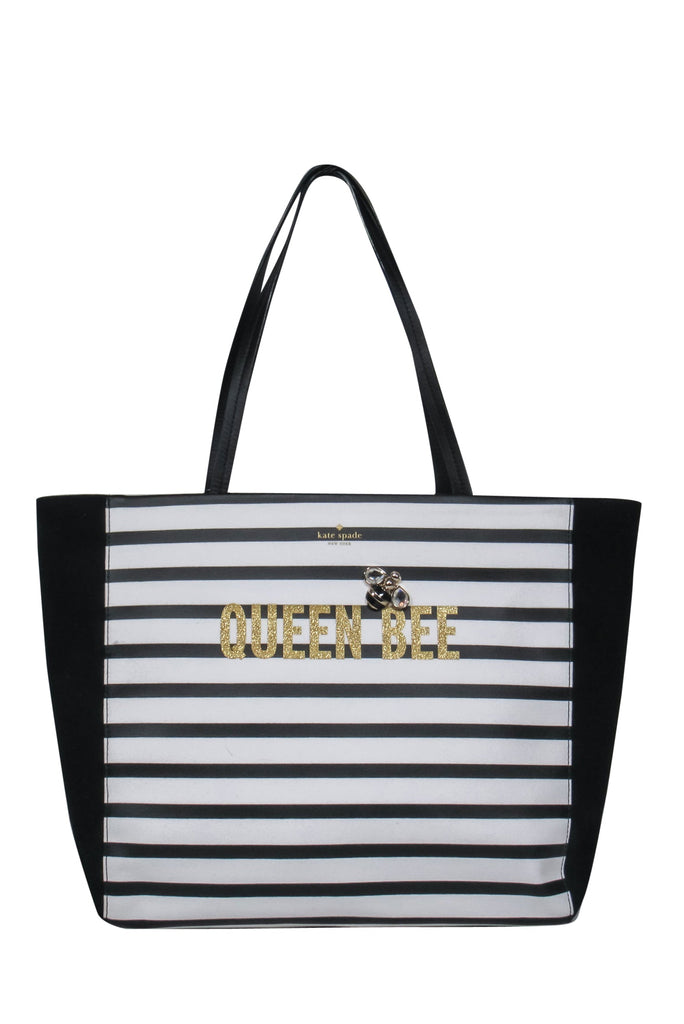 Kate Spade - Black & White Striped Queen Bee Hallie Tote w/ Jeweled –  Current Boutique
