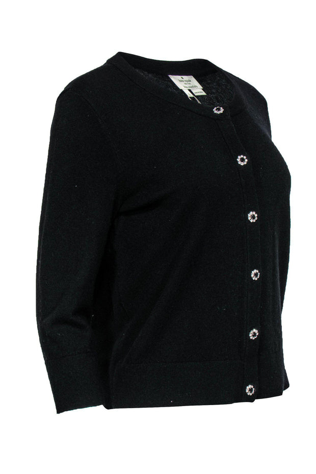 Current Boutique-Kate Spade - Black Wool Blend Cardigan w/ Flower Rhinestone Buttons Sz L