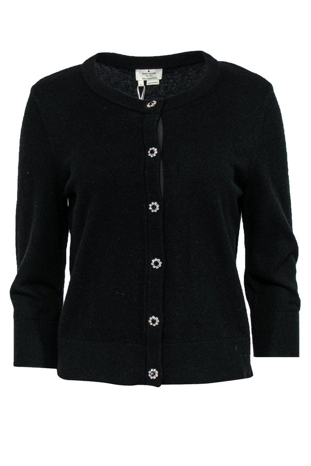Current Boutique-Kate Spade - Black Wool Blend Cardigan w/ Flower Rhinestone Buttons Sz L