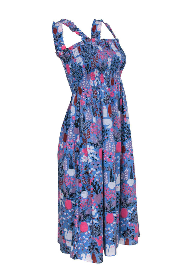 Current Boutique-Kate Spade - Blue Cactus & Cat Print Smocked Midi Dress Sz S