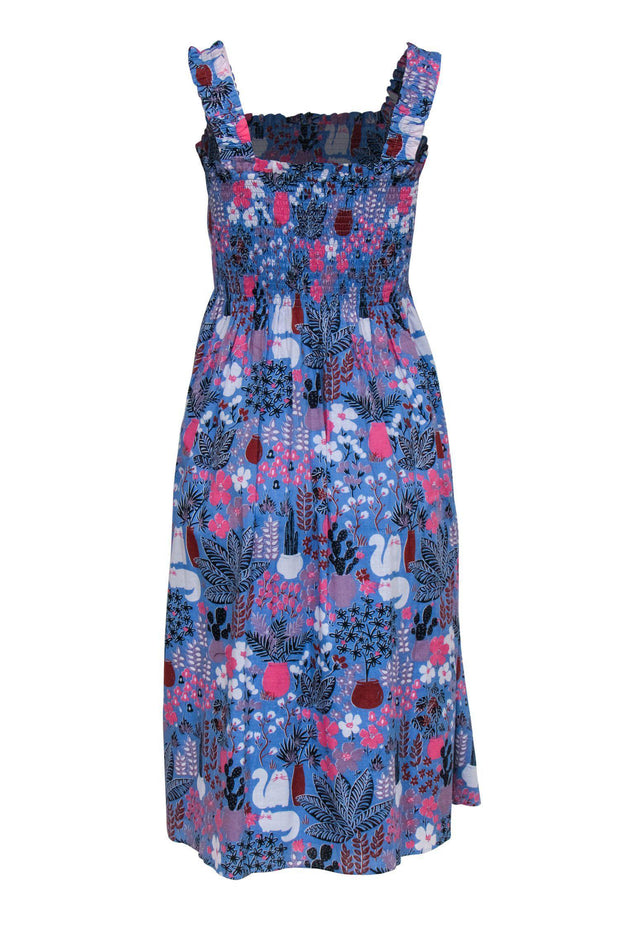 Current Boutique-Kate Spade - Blue Cactus & Cat Print Smocked Midi Dress Sz S