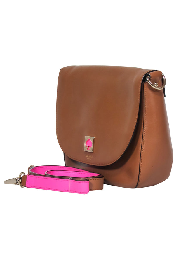 Kate Spade - Brown Leather Saddle Crossbody Bag w/ Pink Strap – Current  Boutique