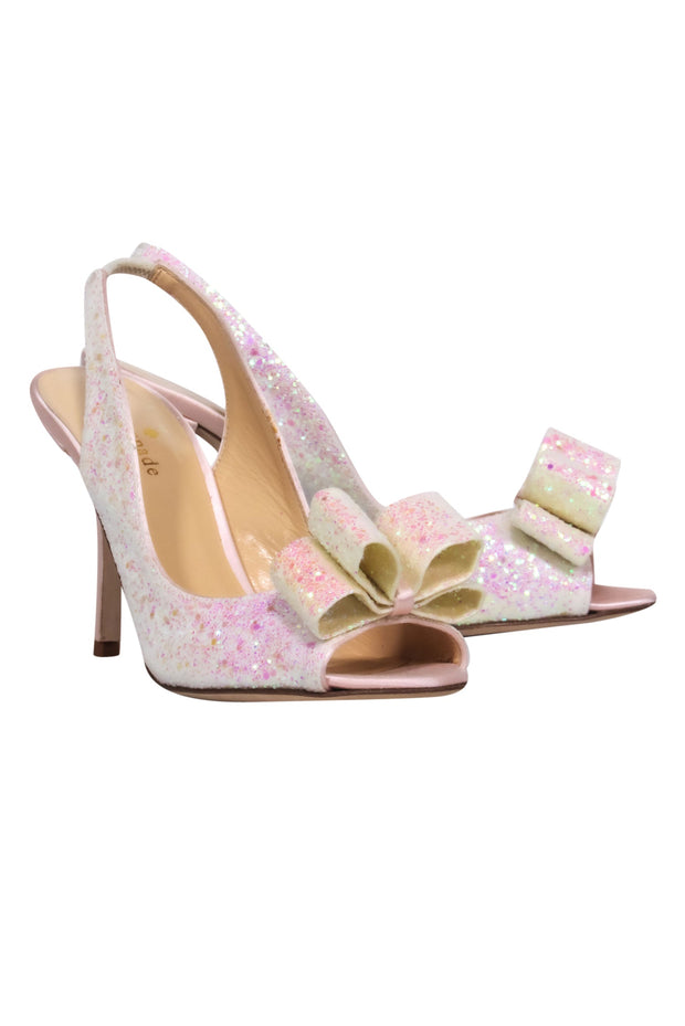 Current Boutique-Kate Spade - Champagne Iridescent Glitter Slingback Peep-Toe Pumps w/ Bow Sz 7