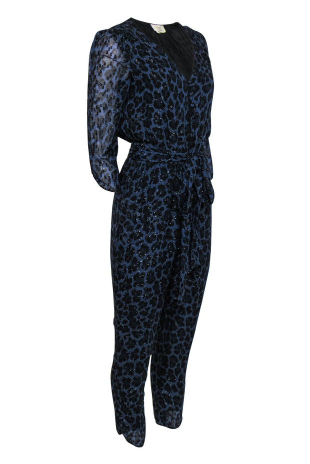 Current Boutique-Kate Spade - Dark Blue & Black Leopard Print Metallic Jumpsuit Sz 4