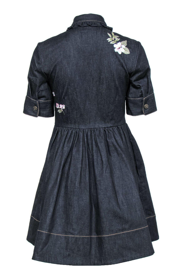 Current Boutique-Kate Spade - Dark Wash Denim Fit & Flare Dress w/ Ruffles & Floral Embroidery Sz 0