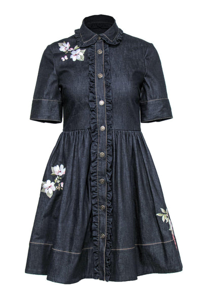 Current Boutique-Kate Spade - Dark Wash Denim Fit & Flare Dress w/ Ruffles & Floral Embroidery Sz 0
