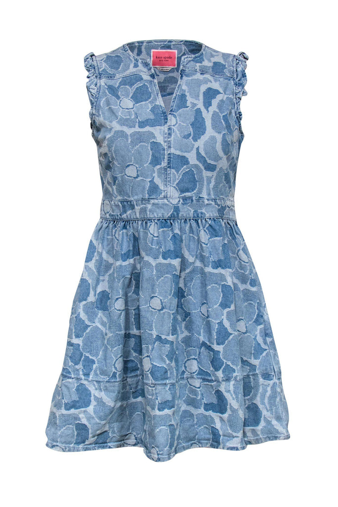 Kate Spade - Denim Floral Textured Sleeveless Fit & Flare Dress w/ Ruf –  Current Boutique