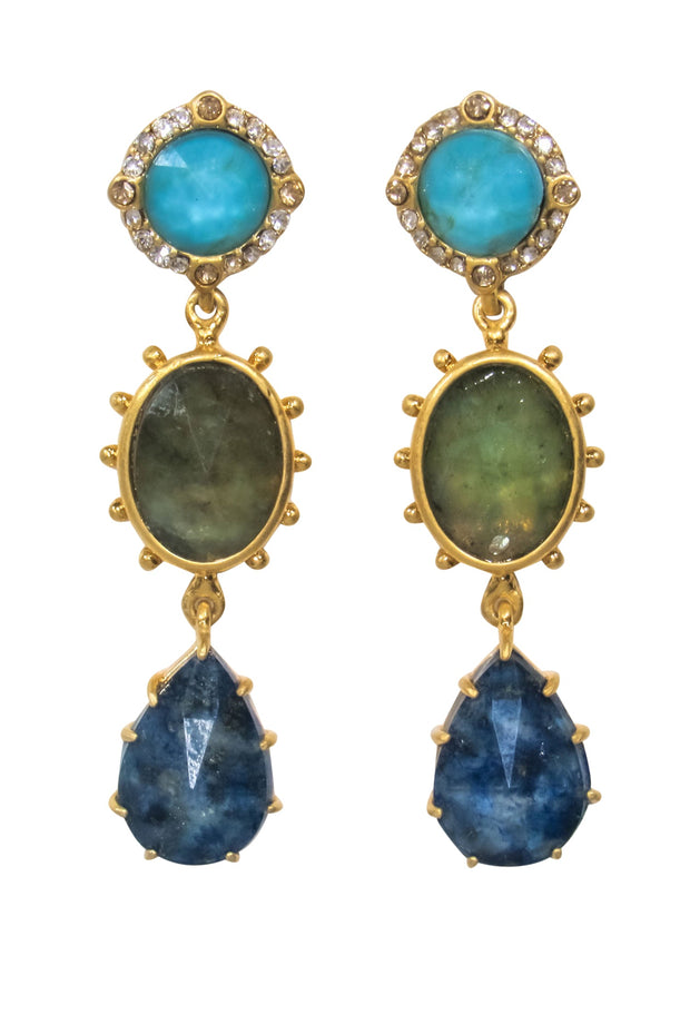 Current Boutique-Kate Spade - Gold, Blue & Green Jeweled Drop Earrings