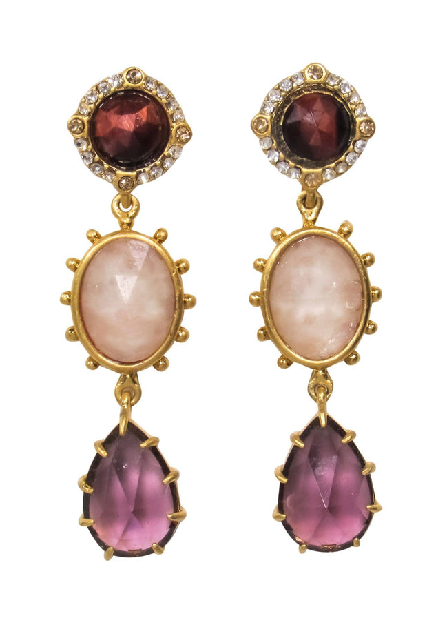 Current Boutique-Kate Spade - Gold, Maroon & Pink Jeweled Drop Earrings