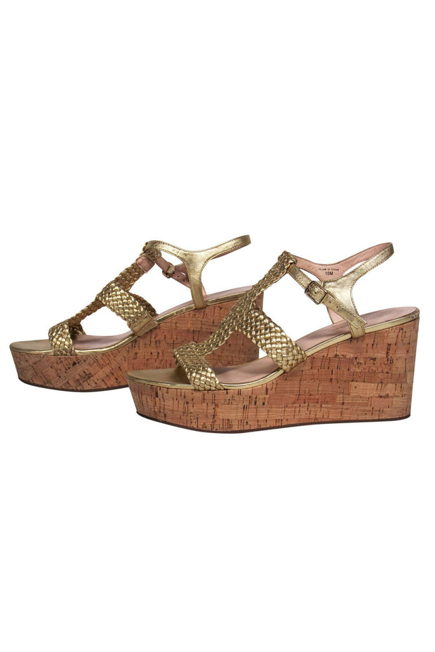 Current Boutique-Kate Spade - Gold Strappy Braided Cork Wedges Sz 10