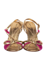 Current Boutique-Kate Spade - Golden Leather & Hot Pink Satin Bow Heels Sz 6