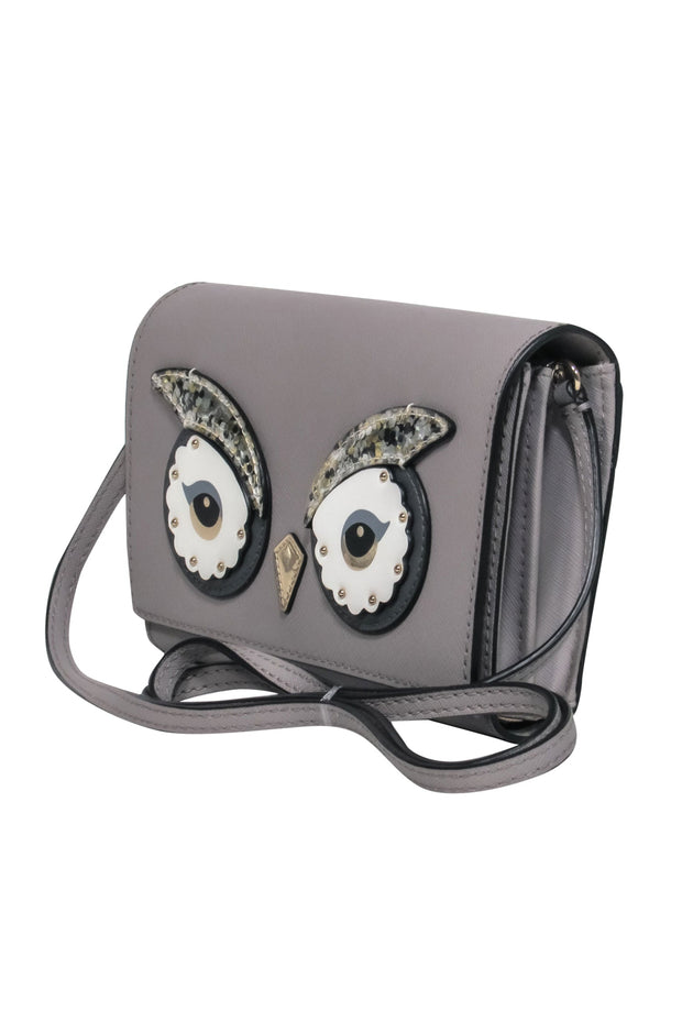 Kate Spade - Grey Textured Leather Fold-Over Sequined Owl Crossbody –  Current Boutique