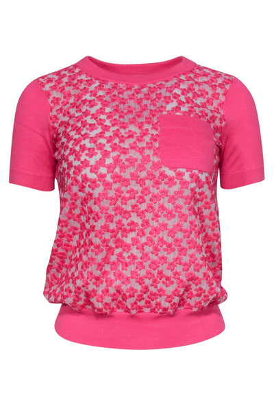 Current Boutique-Kate Spade - Hot Pink Sheer Floral Embroidered Short Sleeve Sweater Sz XS