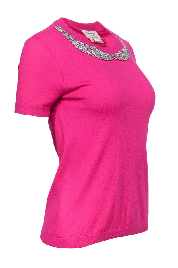 Current Boutique-Kate Spade - Hot Pink Short Sleeve Sweater w/ Jeweled Collar Sz M
