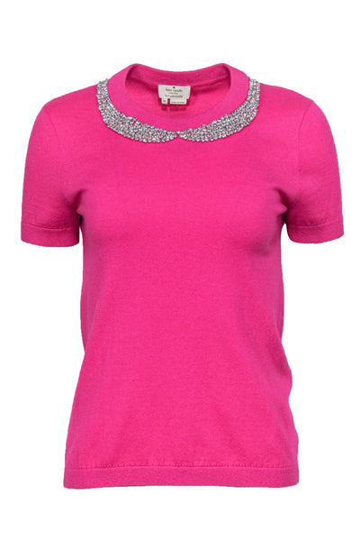 Current Boutique-Kate Spade - Hot Pink Short Sleeve Sweater w/ Jeweled Collar Sz M