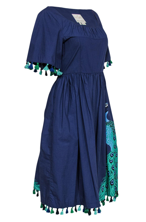 Current Boutique-Kate Spade - Indigo Peacock Print Midi Dress w/ Tassels Sz 8